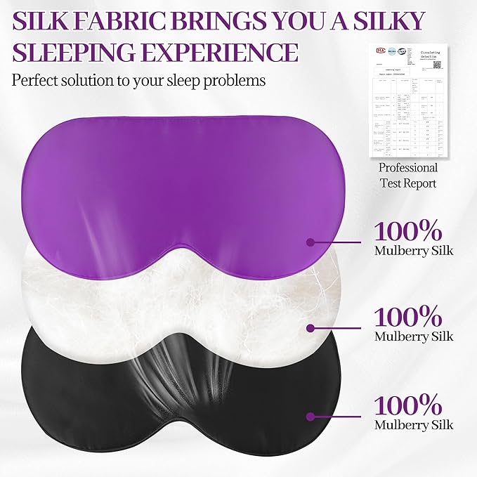Silk Sleep Mask Eye Cover, 100% Mulberry Silk Women Men Eye Mask for Sleeping Blackout with Adjustable Straps, No Pressure Soft Blindfold Night Eye Shade, Eyemasks for Travel (Purple)