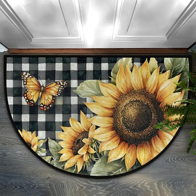 Half Round Door Mat, Butterfly Sunflowers Half Circle Rug for Home Decor Floor Indoor Outdoor Non-Slip Washable Floral Half Moon Rug Doormat 36X24 Inch - Bloomnest