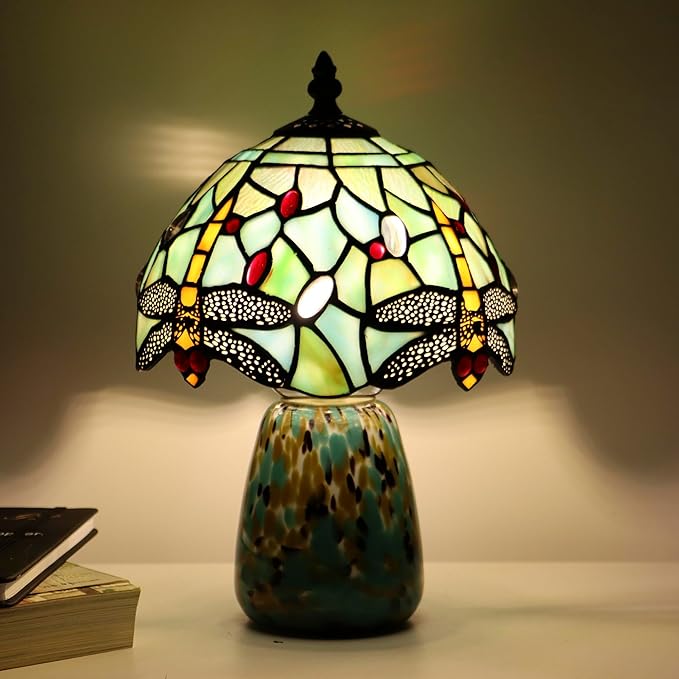 Tiffany Mushroom Table Lamp Dragonfly Style Blue Stained Glass Accent Lamp Brown Blue Glass Base 8X8X12 Inch - Bloomnest