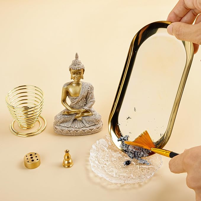 ZenBless 6 in 1 Incense Holder - Palo Santo, Buddha Statue, Sage & Incense Burner Holder for Sticks/Coil/Cones, Gold Oval Ash Catcher - Bloomnest