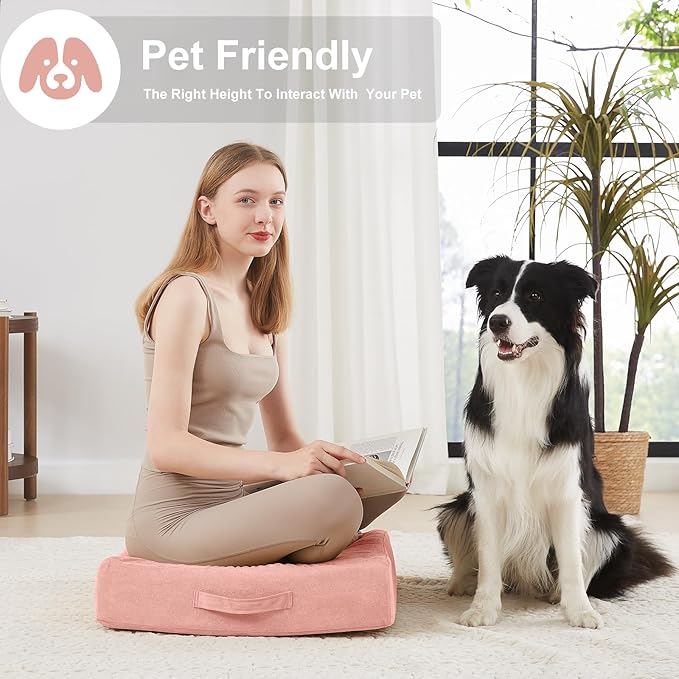 2 Pcs High Density Foam Floor Pillow - Upgraded Large Pillows Seating for Adults - Outdoor Floor Cushion with Soft Tufted Cover - Yoga Pillows for Sitting On Floor - 22 Inch Pink - Bloomnest