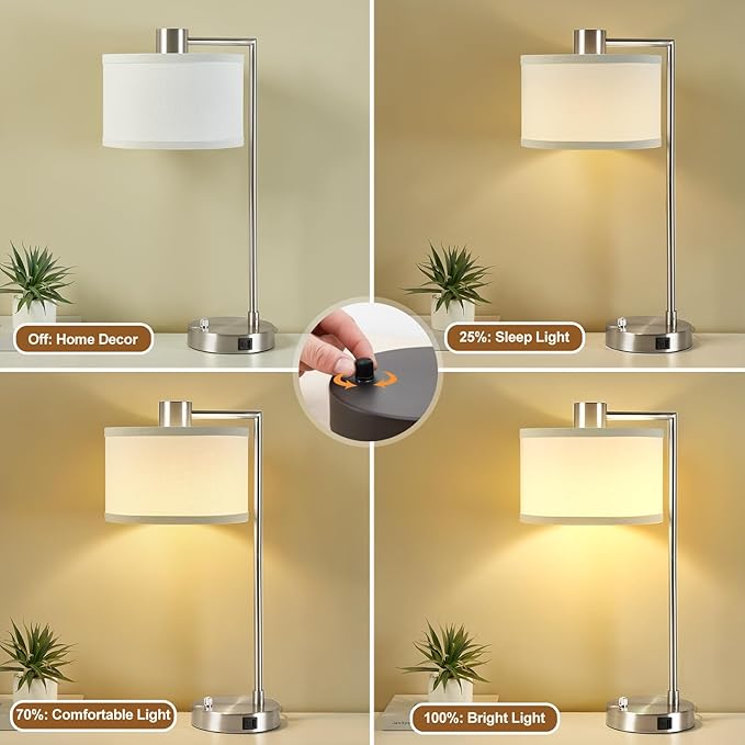 Luvkczc Table Lamps for Living Room with USB C+A Ports - Fully Stepless Dimmable Bedsides Lamp with Linen Lampshade, Lamps for Night Stands Bedroom Reading Office, 2 LED Bulbs Included (Silver) - Bloomnest