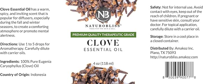 NaturoBliss Clove Essential Oil 4 oz – 100% Pure Clove Bud Oil for Aromatherapy, Diffuser & Humidifier Use, Warm Spicy Scent for Home Fragrance, Large Amber Glass Bottle