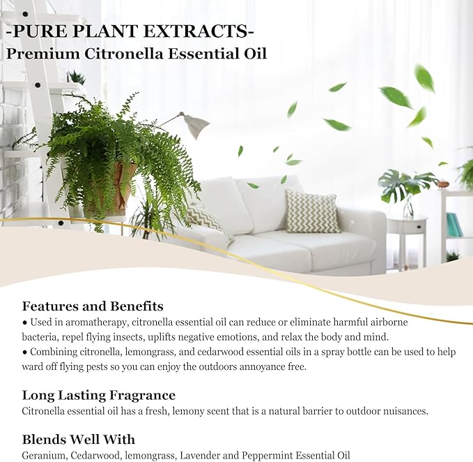 EUQEE Citronella Essential Oil, 118ml Large Gift Box Pure Citronella Oil with Glass Dropper for Candle Making, Diffuser, Humidifier - 4 fl oz. - Bloomnest