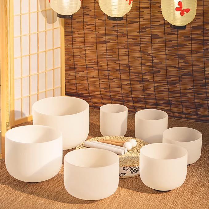 KVKA 6-12 Inch 432hz Crystal Bowls Set of 7Pcs C D E F G A B with Carrying Cases and Suede Stickers,O-Ring for Yoga Sound Healing