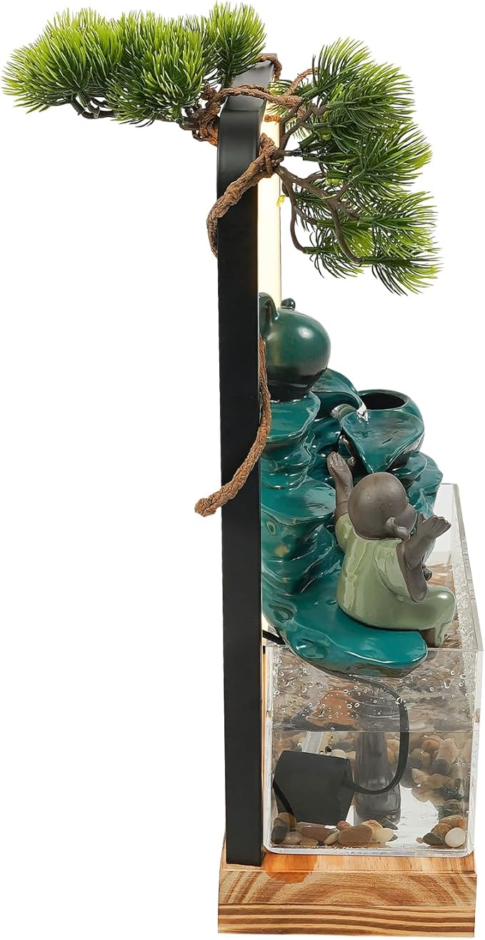 Zen Tabletop Fountain with LED Lights, Handcrafted Ceramic Waterfall Decoration with Fish Tank, Tea Set & Pine Tree for Home/Office, Relaxing Gift for Stress Relief & Good Fortune