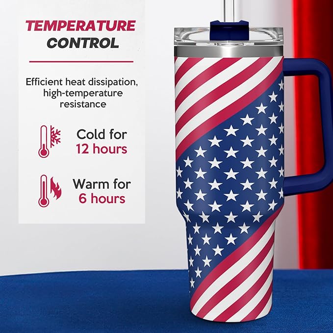 SANDJEST American Flag Tumbler with Handle, America Engraved 40oz Stainless Steel Insulated Coffee Mug with Lid & Straw, America Gifts for Men Women, USA Tumblers Cup Gift for Christmas - Bloomnest