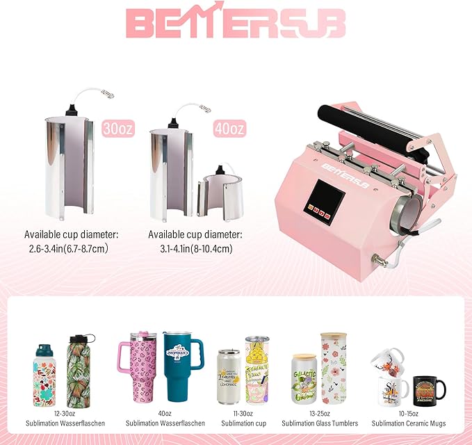 BetterSub 3in1 40 OZ Tumbler Mug Heat Press Machine 30 OZ 20 OZ 16 OZ Sublimation Straight Skinny Tumbler Mug,11 OZ 15 OZ 16 OZ Sublimation Mug Heat Transfer Pink - Bloomnest