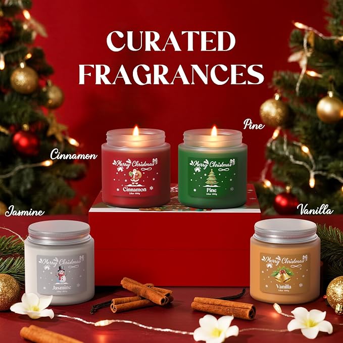 NORVENCE Christmas Candles, Scented Candle Gift Set of 4, Holiday Candles for Women and Men, Perfect Christmas Gifts for Women (Cinnamon, Pine, Vanilla, Jasmine, 14.4 oz) - Bloomnest