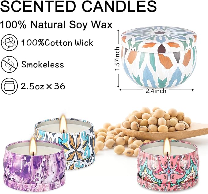 36 Pack Scented Candles Set for Home, Relaxing Stress Relief, Aromatherapy - Natural Soy Wax and Fragrance - Gifts for Women, Mom, Best Friend, Wife, Birthday - Bloomnest