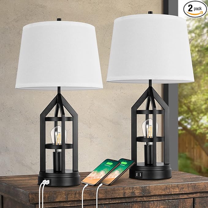 BesLowe 2-Light Farmhouse Touch Table Lamps, 3-Way Dimmable Bedside Lamps with 2 USB Ports for Bedroom, Rustic End Table Lamps for Living Room with White Shades, 4 LED Bulbs Included, Set of 2 - Bloomnest