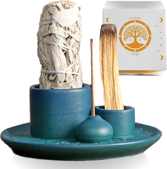 4-in-1 Palo Santo Holder, Sage & Incense Stick Burner – Ceramic White Ash Catcher Tray for Meditation, Yoga, Smudging & Spiritual Cleansing – Incense Holder for Sticks & Sage - Bloomnest