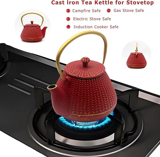Small Cast Iron Tea Kettle for Stovetop Safe, Red Tea Pot Coated with Enameled Interior, Durable Teapot with Stainless Steel Infuser for Loose Leaf (1000ml/34oz)