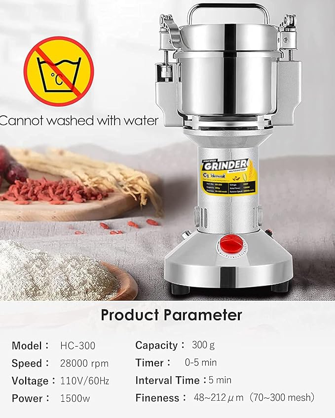 CGOLDENWALL Safety Upgraded Electric Grain Grinder Mill High-speed Dry Spice Herb Mill Grinding Machine with 1500W Commercial Motor Overload Protection CE 110V (300g Hand-held Type) - Bloomnest