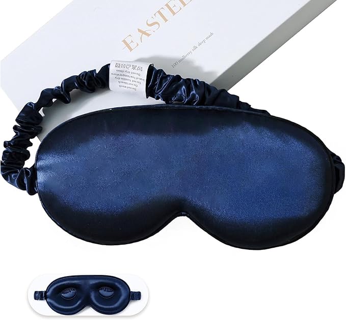 100% 22 Momme Mulberry Silk Sleep Mask, Eye Cover for Sleeping, Blackout 3D Sleep Masks for Lash Extensions with Adjustable Strap for Men and Women (Navy Blue) - Bloomnest