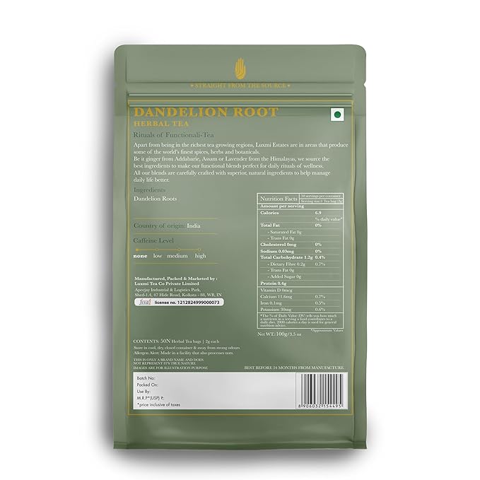 Luxmi Estates Pure Dandelion Herbal Organic Dandelion Tea (50 Tea Bags) Caffeine Free Tea Bags For Detox, Cleansing, and Digestion, With Certified Organic Dandelion Root Tea - Bloomnest