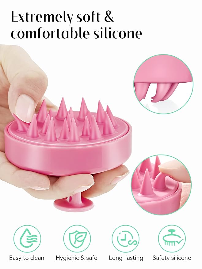 HEETA Scalp Massager Hair Growth, Soft Silicone Scalp Scrubber Shampoo Brush for Exfoliation, Dandruff Removal Head Massage Stress Relax, Wet & Dry Use for Thick Thin Curly Hair Care, Cherry Pink HEETA