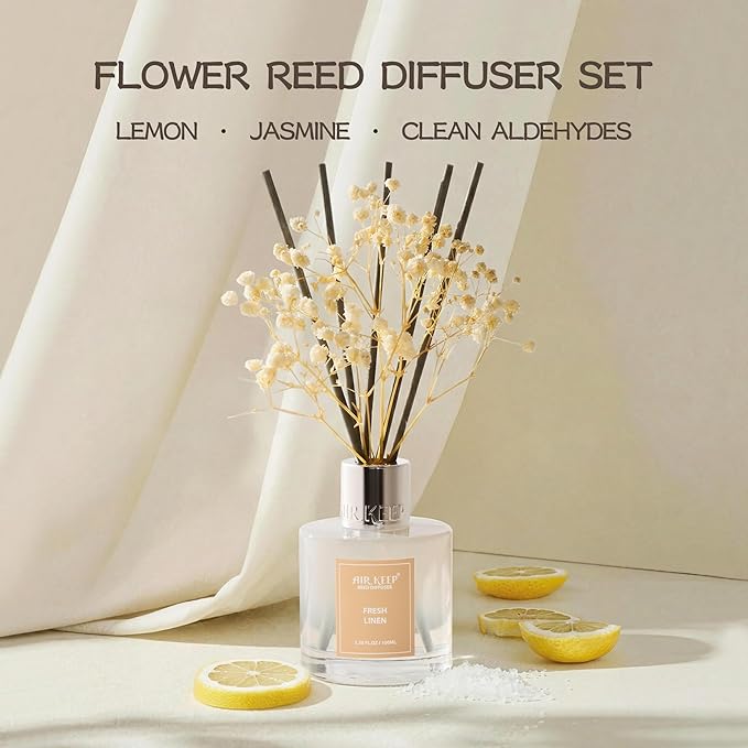 Airkeep Reed Diffuser Set,3.38 fl oz (100 ml) - Fresh Linen Oil Diffusers with 8 Reed Sticks, Home Fragrance Reed Diffuser for Bathroom Shelf Decor Airkeep
