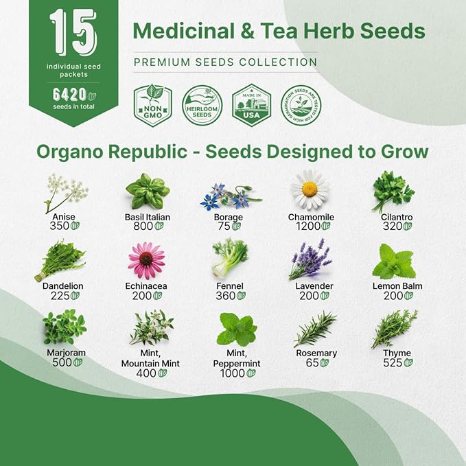 Organo Republic 15 Medicinal & Tea Herb Seeds Variety Pack 6,420+ Non-GMO Heirloom Garden Seeds for Indoor & Outdoors, Including Anise, Borage, Cilantro, Chamomile, Dandelion, Rosemary Seeds - Bloomnest
