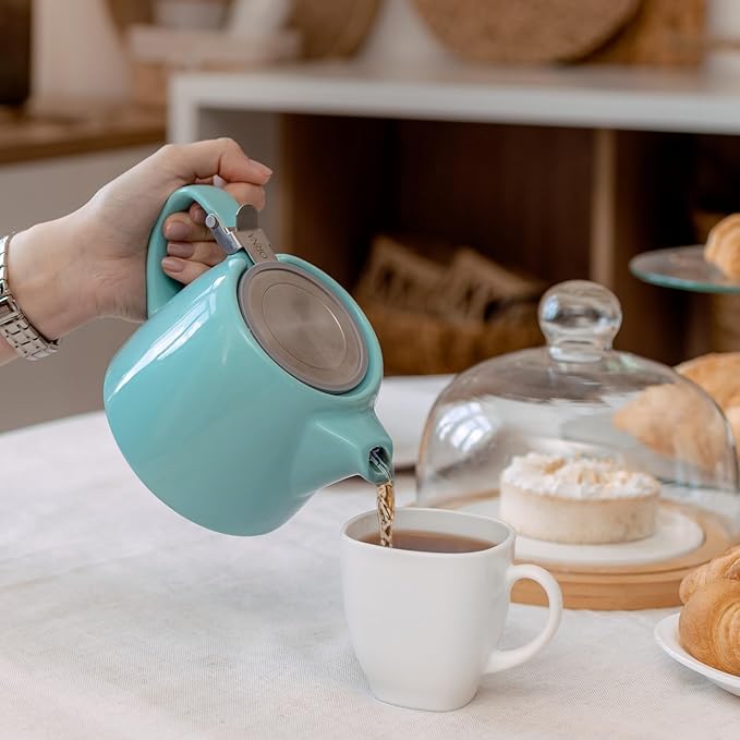 ORNA Ceramic Teapot with Tea Infuser – Small Tea Pot for Loose Leaf Tea – 550ml / 18.6 Oz Non-Stove Porcelain Teapot for 2 Cups with Tea Strainer (Turquoise) - Bloomnest
