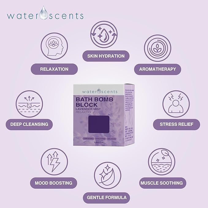 Water Scents Lavender Mist Bath Bomb Block | Vegan, Cruelty-Free & Natural | Lavender Aromatherapy Bath Bomb for Stress Relief & Moisturizing | Handmade Spa Gift for Women, 3.5 oz - Bloomnest
