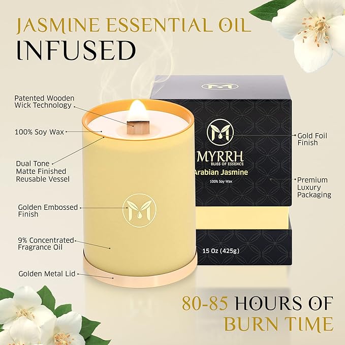 MyrrhUSA Arabian Jasmine Scented Candle – 15oz Natural Soy Wax with Crackling Wooden Wick & Essential Oil | 80 Hour Burn | Luxury Aromatherapy Candle for Relaxation, Home Décor, Living Room & Bathroom - Bloomnest