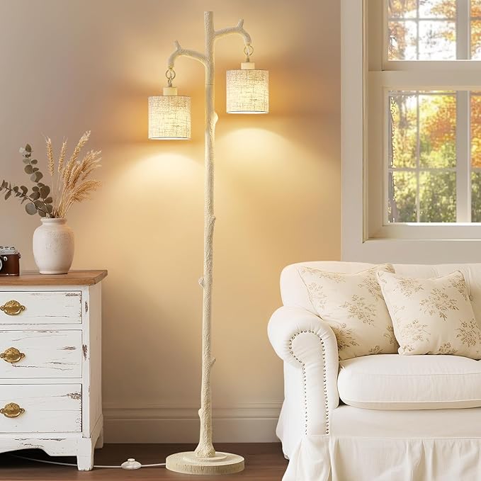 Rustic Floor Lamp for Living Room - Newly Upgraded Heavy-Duty Resin Base Farmhouse Floor Lamp with 2 Country Vintage Reading Light - Standing Tall Lamps for Bedroom Office Home Decor (Almond White) - Bloomnest