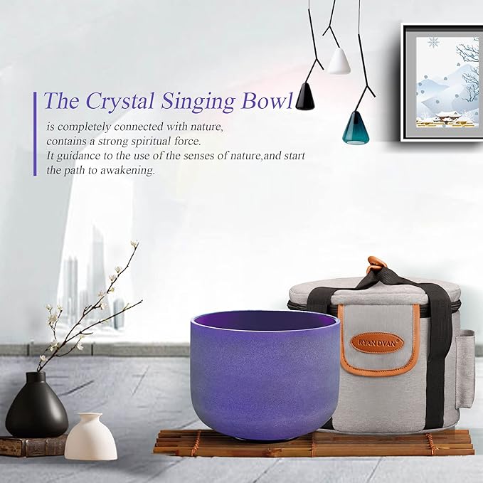 RYAN DVAN 8” B Note Purple Frosted Crown Chakra Crystal Singing Bowl with Free Heavy-Duty Carrying Case and Suede Striker O-Ring - Bloomnest