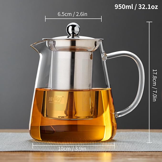 Glass Tea Pot 950ML, Borosilicate Glass Tea Kettle with Detachable Stainless Steel Infuser, Clear Teapot for Loose Leaf Tea, Blooming Tea, Tea bags 32oz - Bloomnest