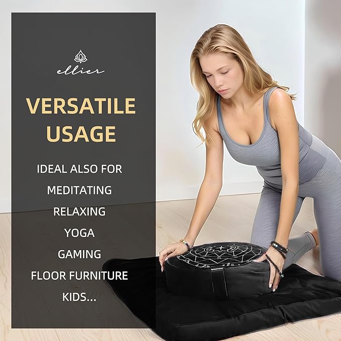 Zafu & Zabuton Meditation Cushion Set - Buckwheat Hull & Memory Foam Pillows, Ergonomic Support for Yoga, Mindfulness - Organic Velvet Cover, Large Size, Durable Comfort (Black) - Bloomnest