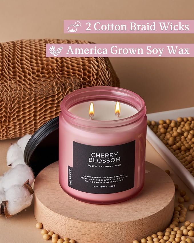 M&SENSE Cherry Blossom Scented Spring Candle, 70 Hours Long Lasting Soy Wax 11.6oz Stress Relief Aromatherapy Candles, Romantic Gifts for Women, Glass Jar for Bedroom Decor - Bloomnest