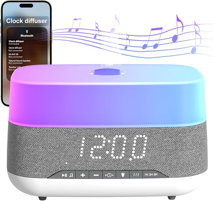 Versatile Essential Oil Diffuser, 300ml Aroma Diffuser with Bluetooth Speaker and Alarm Clock, 7 Colors LED Light Aromatherapy Diffusers & Cool Mist Humidifier 3-Level Brightness, Auto-Off Protection - Bloomnest