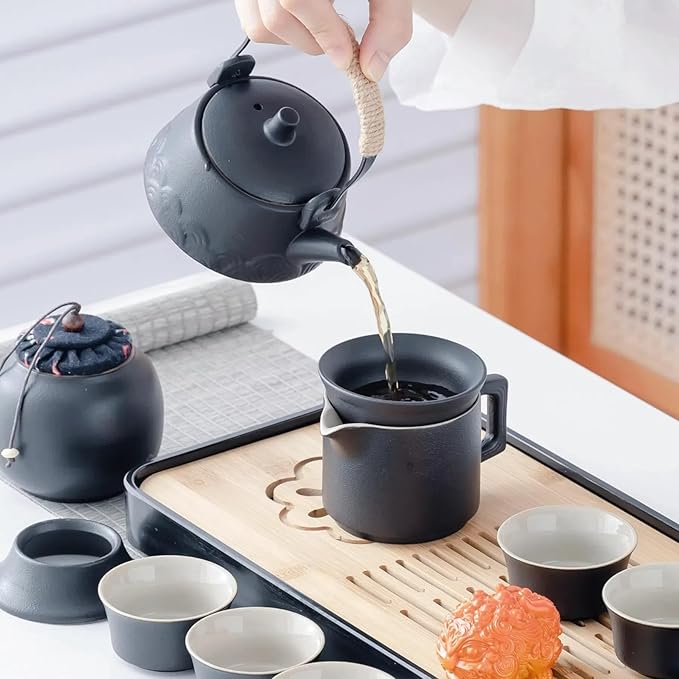 ICHAG Japanese & Chinese Tea Set, Adults' Portable Gongfu Tea Set with Teapet with Porcelain Teapot, 8oz Teapot,14-Piece 茶具 for Home/Outdoor/Office Gifts (Gray) - Bloomnest