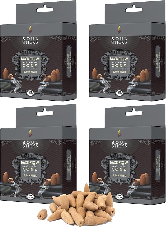 Soul Sticks Backflow Incense Cones – 40 PCS Organic Handmade Cones for Waterfall Burner | 4 Pack Long Lasting Aromatic Scents | Thick White Smoke Incense for Meditation, Spiritual Gift (Black Magic) SoulSticks