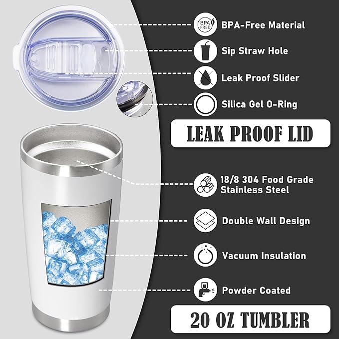 20 oz Tumbler Coffee Travel Tumblers Bulk with Lid Stainless Steel Double Wall Vacuum Insulated Mug Powder Coated Cups fit Car Cupholder for Hot and Cold - White, 12Pack