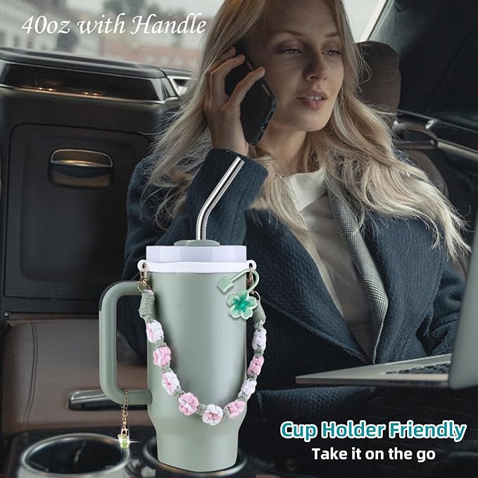 40 oz Tumbler Insulated Mug w/Straw & Flip Cap Lids - Cup Holder Bottle with 6 Accessories Set for Hot, Cold Drink - Leak-Proof - Water, Coffee Portable Travel Mug (Agave) - Bloomnest