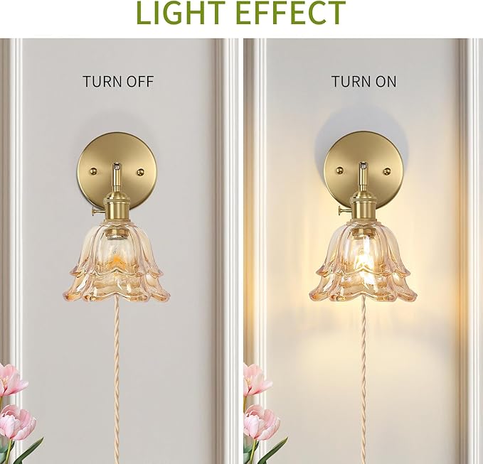 Vintage Plug in Wall Sconces Set of 2, Rose Amber Lampshade & 180 Degree Adjustable, Brass Wall Lights, for Bedroom Living Room Hallway Aisle, Bulbs Not Included, ETL Listed - Bloomnest