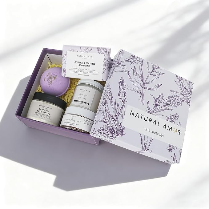 Natural Amor 5-Piece Lavender Spa Gift Set – Bath Bomb, Body Butter, Bar Soap, Bath Salt, Candle – Relaxing Self Care Kit for Women – Gift Box for Birthday, Thank You, Get Well - Bloomnest