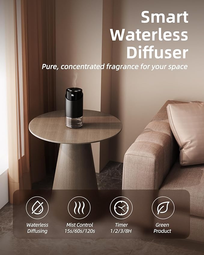 Waterless Essential Oil Diffuser Aromatherapy Scent Diffusers for Home Large Room, Car, Office, Desk, Mini Battery Operated Cordless Air Freshener, 4 Timers & 3 Mist Levels, 100ml Capacity (Black) - Bloomnest