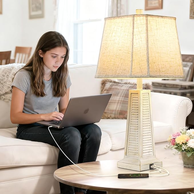 25.94'' Vintage Table Lamp Traditional Bedside Lamp with 2 USB Ports Rustic Farmhouse Nightstand Lamp with Linen Lampshade Desk Lamp for Living Room Bedroom, 9W Bulb Included - Bloomnest