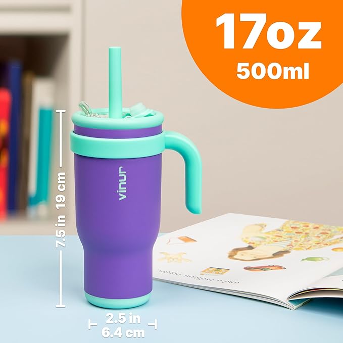 VINUR Kids Insulated Tumbler with Lid and Straw 17 oz-Spill Proof& Leak Resistant-Stainless Steel Vacuum Tumbler Travel Mug with Handle & Silicone Base-Cup Holder Friendly, Purple - Bloomnest