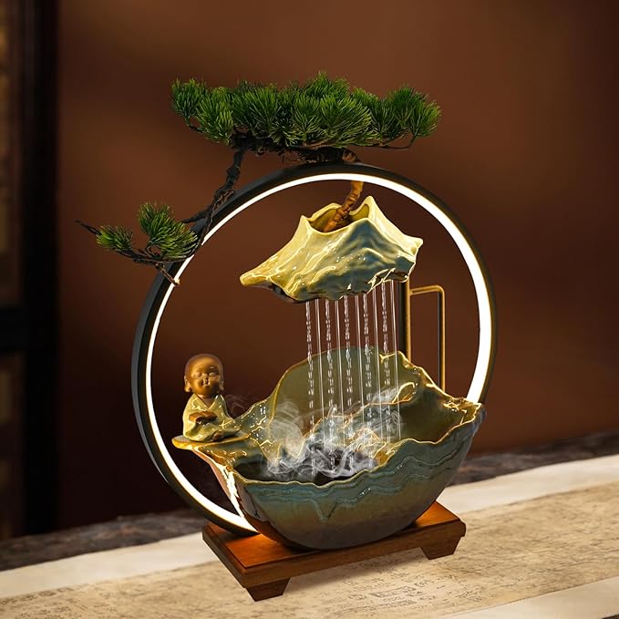 Ceramic Tabletop Fountain with Wood Stand, Indoor Waterfall Feature for Home Office Desk,Desktop Water Fountain Asian Zen Decor with LED Light for Relaxation - Bloomnest