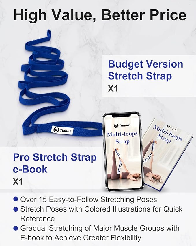 Tumaz Stretching Strap - 10 Loops & Non-Elastic Yoga Strap - The Perfect Home Workout Stretch Strap for Physical Therapy, Yoga, Pilates, Flexibility - [Extra Thick, Durable, Soft] - Bloomnest