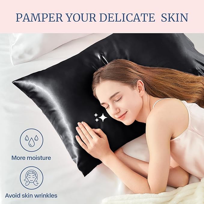 BEDELITE Satin Pillowcase for Hair and Skin, Super Soft and Cooling Similar to Silk Pillow Cases 2 Pack with Envelope Closure, Gift for Women Men(20"x26" Standard Size, Black) - Bloomnest