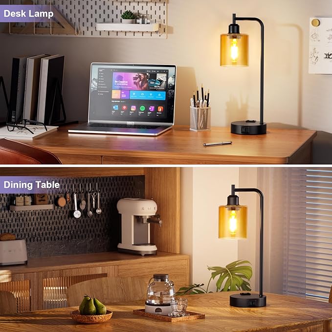 Industrial Touch Nightstand Lamps for Bedrooms Set of 2 - 3-Way Dimmable Table Lamps with USB C+A Ports and Outlet, Bedside Lamps with Amber Glass Shade for Living Room, Desk Lamps for Home Office - Bloomnest