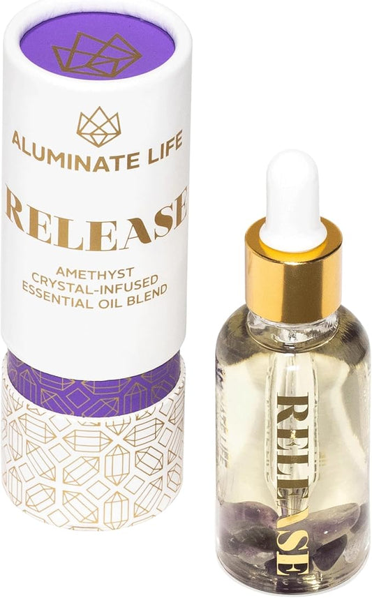 Crystal Infused Essential Oil Vial, 1 Oz, Release - Amethyst Crystal Infused - Scents of Lavender, Bergamot, & Frankincense - Aromatherapy Oils, Massage, Stress Relief