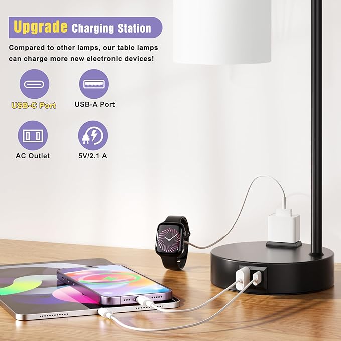Industrial Touch Bedside Lamps for Bedrooms Set of 2 - 3-Way Dimmable Nightstand Lamps with USB C+A Ports and Outlet, Table Lamps with Opal Glass Shade for Living Room, Desk Lamps for Home Office - Bloomnest