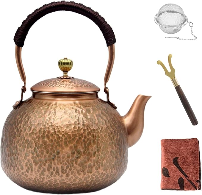 YJX Copper Tea Kettle For Stovetop, Japanese Style Non-Coating Pure Copper Teapot with Stainless Steel Infuser For Loose Tea, Large and Solid Tea Pot For 3-7 Cups (2000ml) - Bloomnest