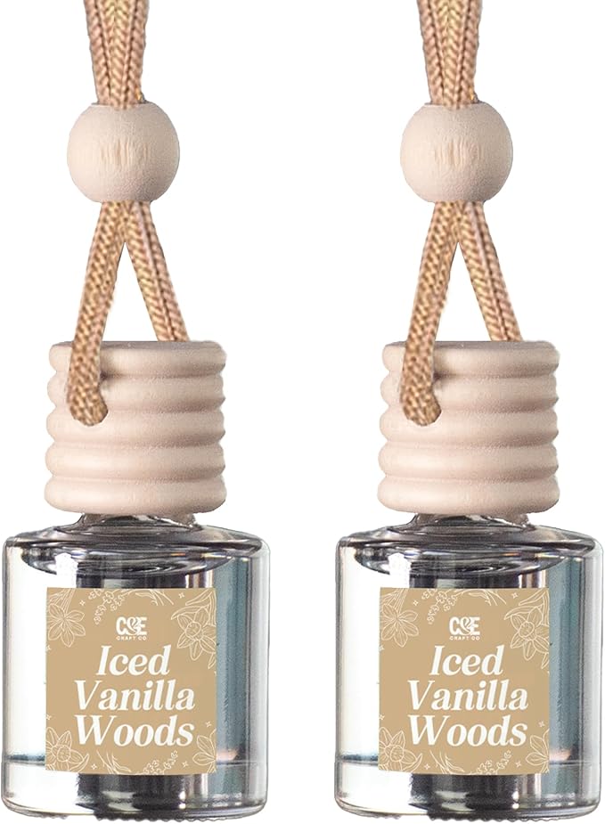 C&E Craft Co Hanging Car Air Freshener Diffuser 2 Pack, Long Lasting Fragrance Oil Car Freshener, Glass Bottle Auto Air Freshener, Made in USA (Iced Vanilla Woods) - Bloomnest