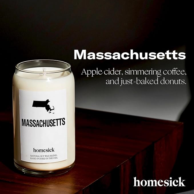 Homesick Scented Candles for Home (Massachusetts) - 13.75 oz Long-Lasting Soy Wax Jar Candle for Women & Men for All Occasions, 60-80 Hours Burn Time - Notes of Coffee & Apple Cider - Bloomnest